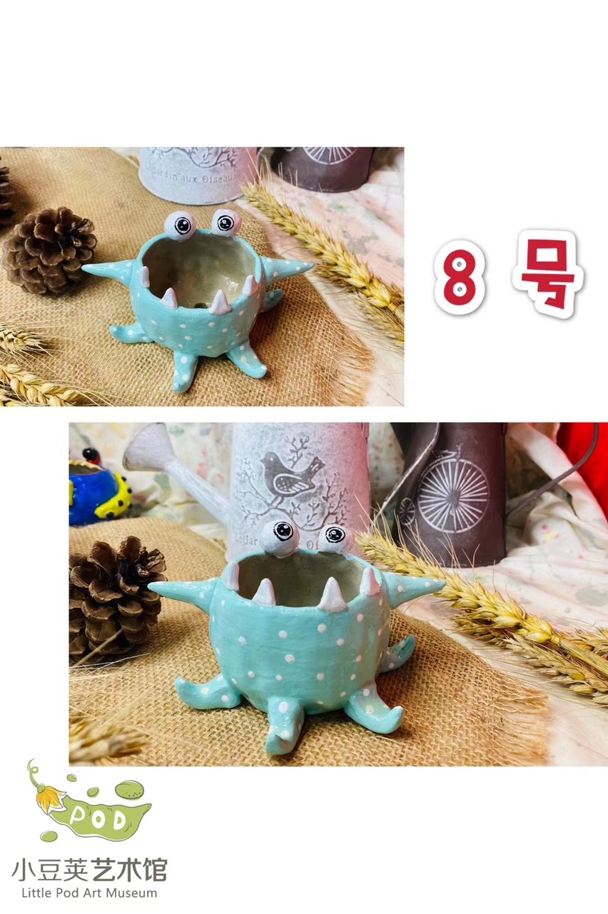 小豆荚艺术馆陶艺分享-陶艺手捏怪兽小花盆